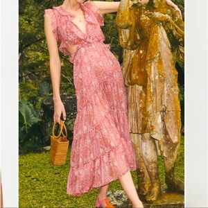 NEW MISA Los Angeles Natasha Dress Cut Out Ruffle Floral Tiered Chiffon Maxi
